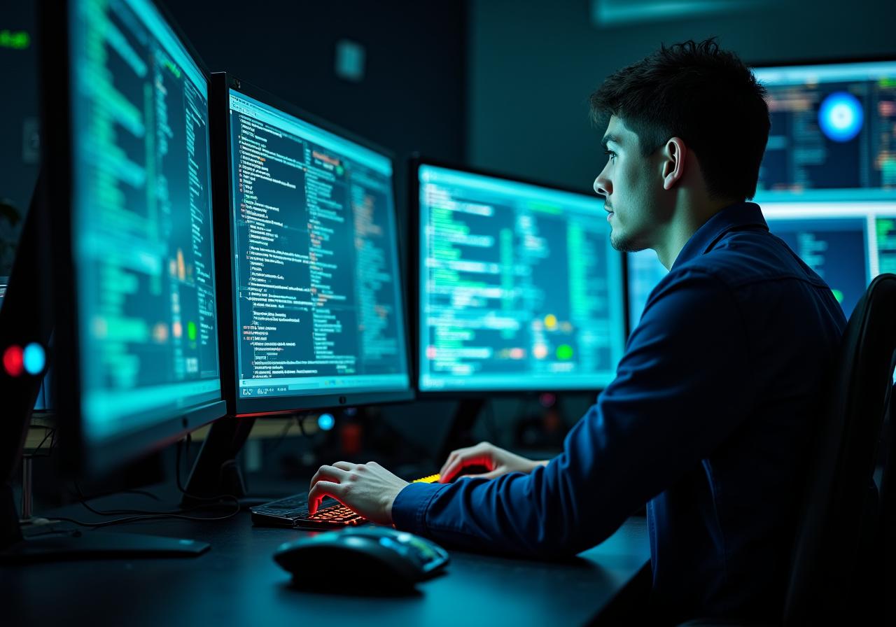 Cybersecurity operations center desk with multiple screens showing threat detection data
