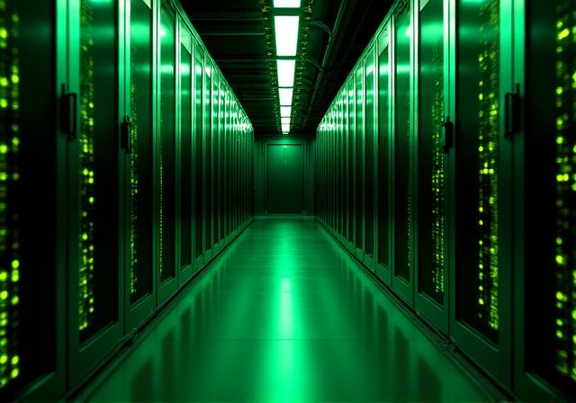 Secure server room visualization with green lighting
